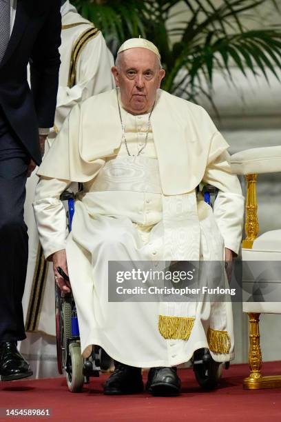 Pope Francis attends a Mass for the feast of the Epiphany at St. Peter's Basilica on January 06, 2023 in Vatican City, Vatican.