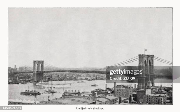 brooklyn bridge, new york city, usa, halftone print, published in 1899 - downtown district photos stock illustrations