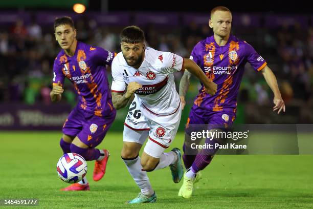 Brandon Borello of the Wanderers runs onto the ball during the round 11 A-League Men's match between Perth Glory and Western Sydney Wanderers at...