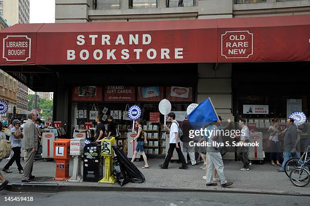 General view of a protest outside during The Strand Bookstore's 85th Birthday Celebration at Strand Bookstore on May 30, 2012 in New York City.