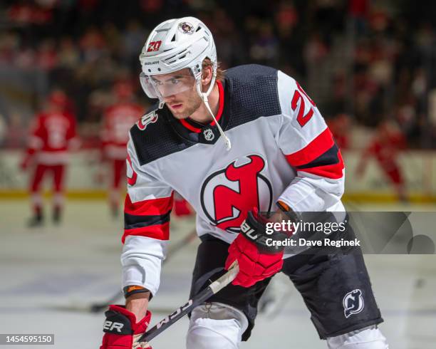 Michael McLeod of the New Jersey Devils skates around in warm ups before an NHL game against the Detroit Red Wings at Little Caesars Arena on January...