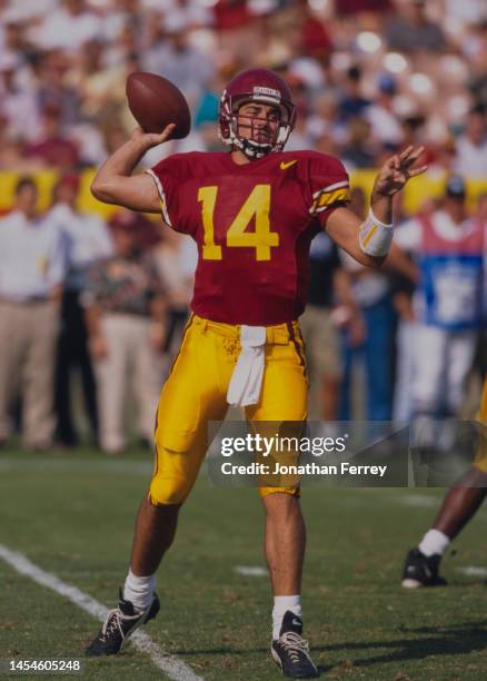 Mike Van Raaphorst, Quarterback for the University of Southern California USC Trojans throws a pass downfield during the NCAA Pac-10 Conference...