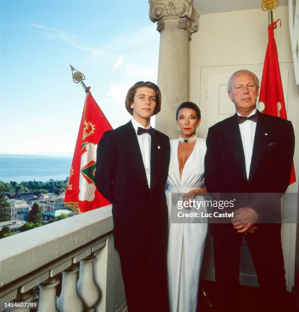 Prince Victor Emmanuel of Savoy, Head of the Royal House of Savoy pose with her wife Princess Marina of Savoy and their Son Prince Emanuele Filiberto...