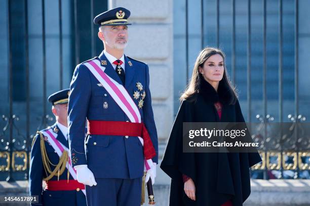 King Felipe VI of Spain and Queen Letizia of Spain attend the New Year Military parade celebration at the Royal Palace on January 06, 2023 in Madrid,...