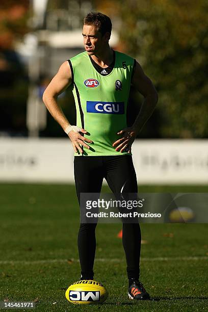 Nick Maxwell looks on during a Collingwood Magpies training session at Gosch's Paddock on May 31, 2012 in Melbourne, Australia.