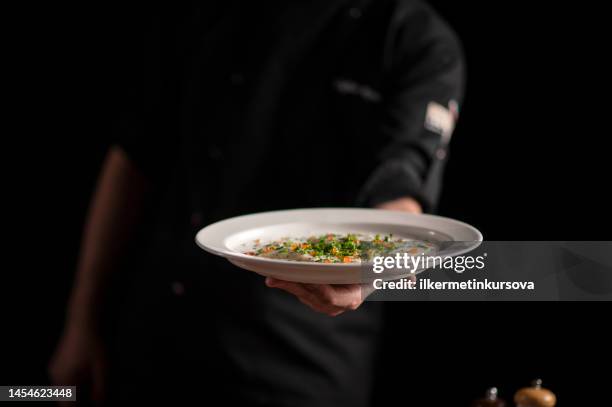 a male chef serving a fine dining dish in a restaurant - serving dish stock pictures, royalty-free photos & images