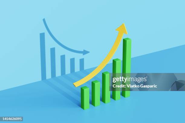 growth chart with a shadow of a falling crash recession chart - produit intérieur brut photos et images de collection