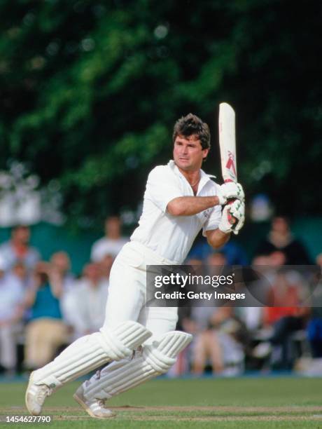 Northants and England batsman Allan Lamb pictured batting during a match against Surrey during the 1986 season in Northampton, United Kingdom.