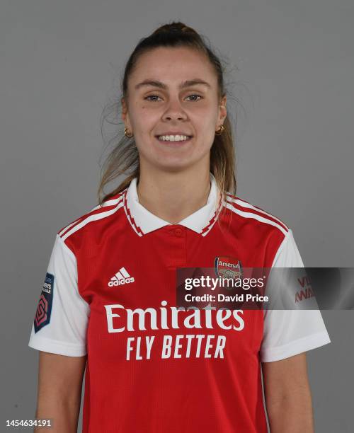 Victoria Pelova signs for Arsenal Women at the Arsenal Training Ground at London Colney on December 19, 2022 in St Albans, England.