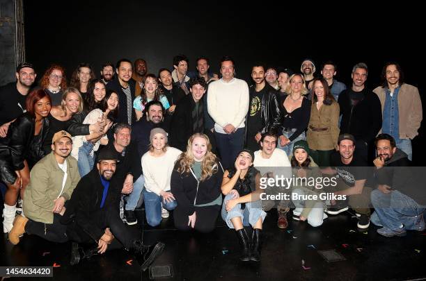 Jimmy Fallon and Lin-Manuel Miranda pose with Cameron Crowe and the cast backstage at the new musical based on the film "Almost Famous" on Broadway...