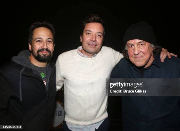 Lin-Manuel Miranda, Jimmy Fallon and Cameron Crowe pose backstage at the new musical based on the film "Almost Famous" on Broadway at The Jacobs...