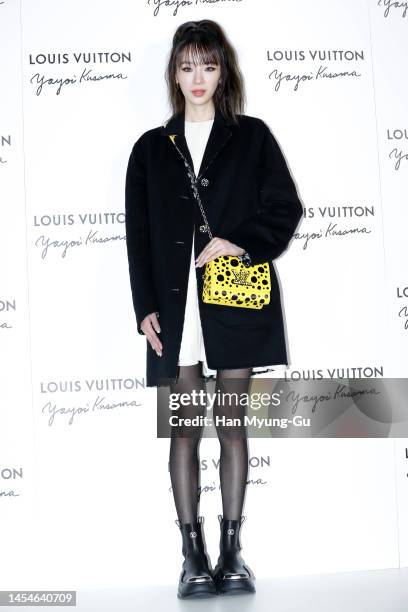 Model Irene Kim is seen at the unveiling of the Louis Vuitton X Yayoi Kusama collection collaboration on January 06, 2023 in Seoul, South Korea.