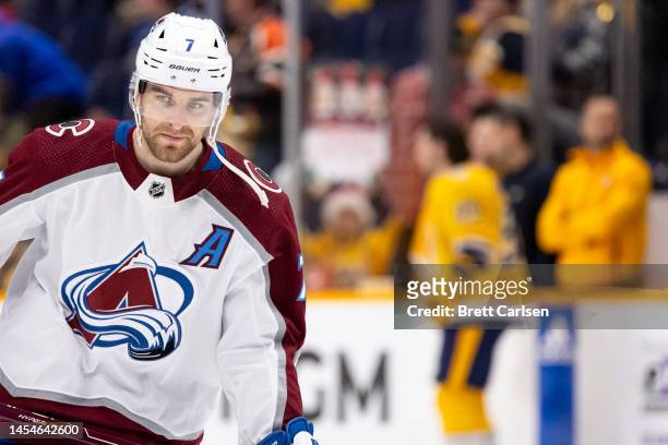 Devon Toews of the Colorado Avalanche warms up before the game against the Nashville Predators at Bridgestone Arena on December 23, 2022 in...