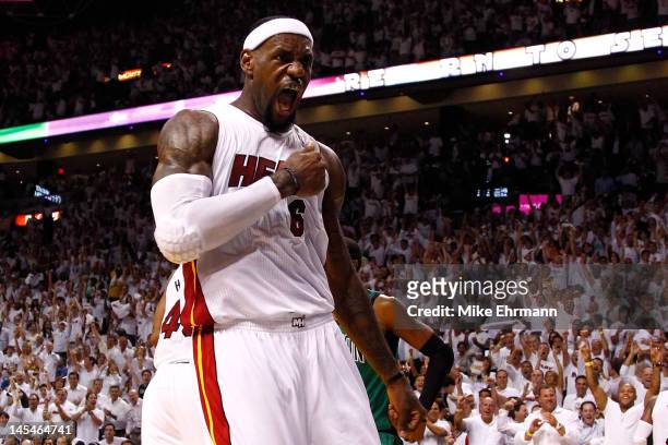 LeBron James of the Miami Heat reacts in the second half against the Boston Celtics in Game Two of the Eastern Conference Finals in the 2012 NBA...