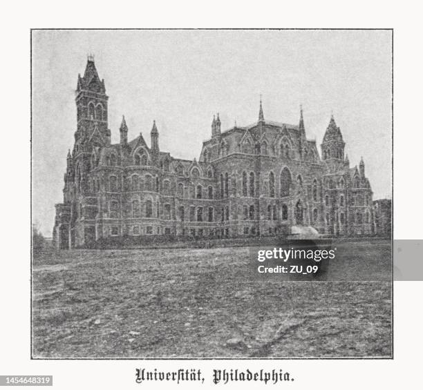 college hall (university of pennsylvania), philadelphia, usa, halftone print, published in 1899 - university of pennsylvania campus stock illustrations