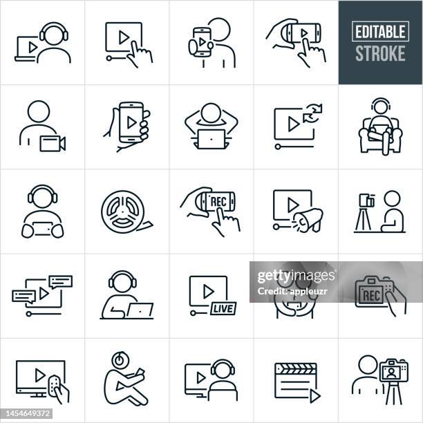 ilustrações de stock, clip art, desenhos animados e ícones de video thin line icons - editable stroke - icons include online video streaming, movies, watching movies, person watching video on mobile device, person watching video on laptop, person making video, influencer, recording video - watching tv