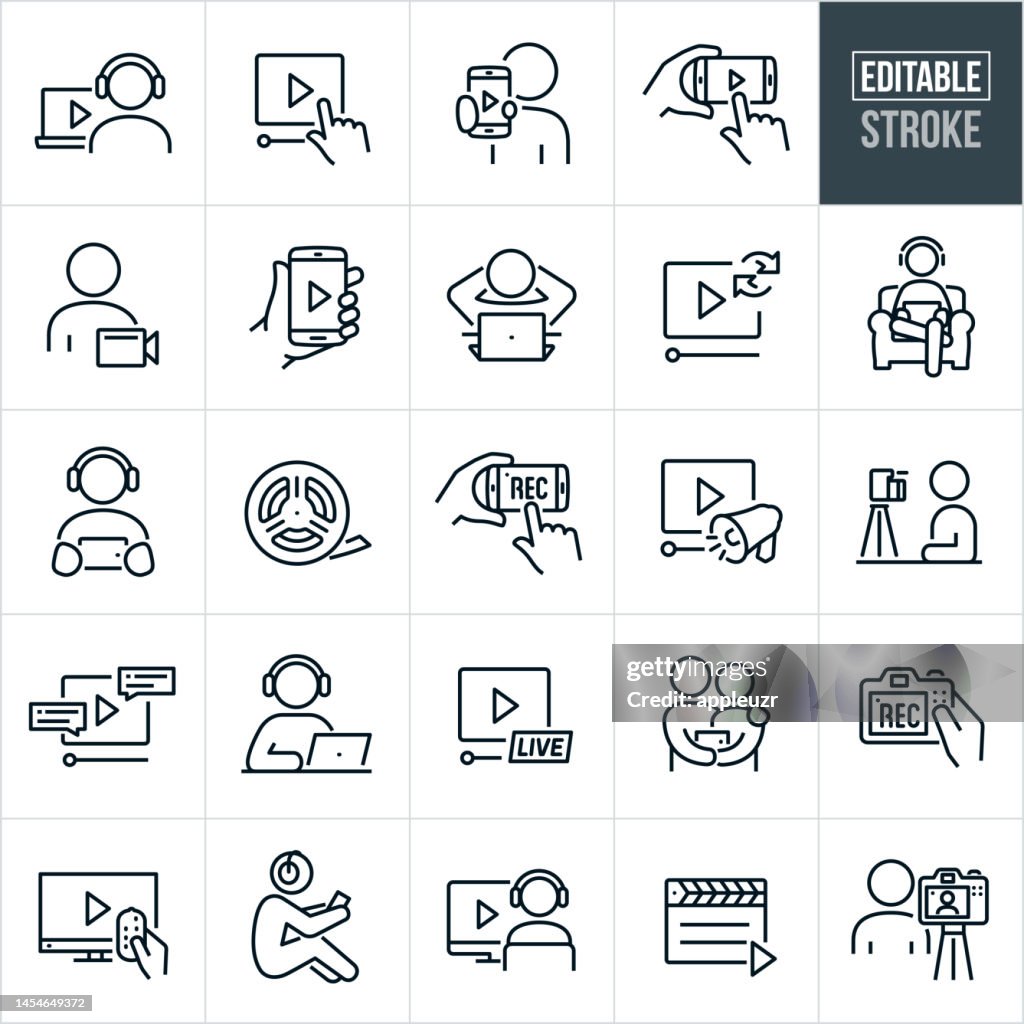 Video Thin Line Icons - Editable Stroke - Icons Include Online Video Streaming, Movies, Watching Movies, Person Watching Video On Mobile Device, Person Watching Video On Laptop, Person Making Video, Influencer, Recording Video