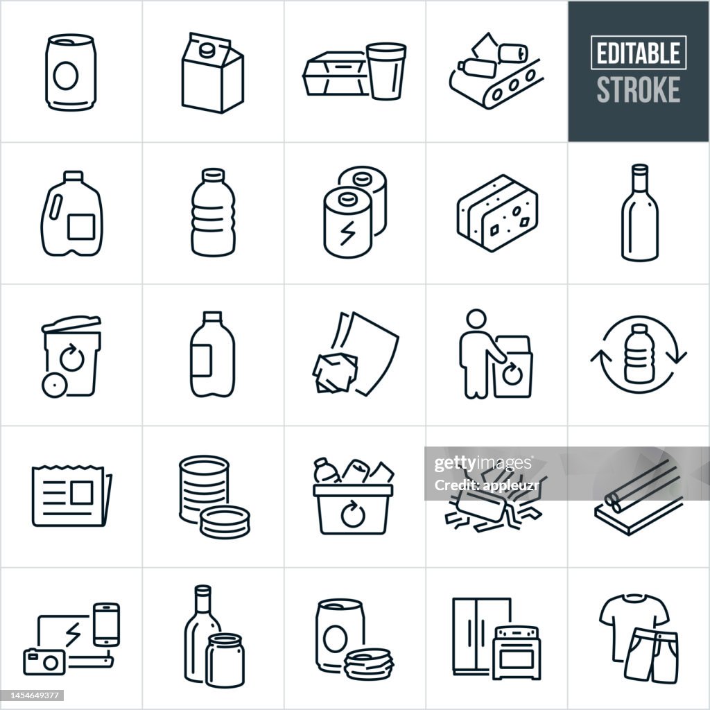 Iconos de línea fina reciclables - Trazo editable - Los iconos incluyen reciclaje, lata de aluminio, cartón, contenedores de espuma, plástico, botella de agua de plástico, baterías, vidrio, símbolo de reciclaje, papelera de reciclaje, chatarra, dispo