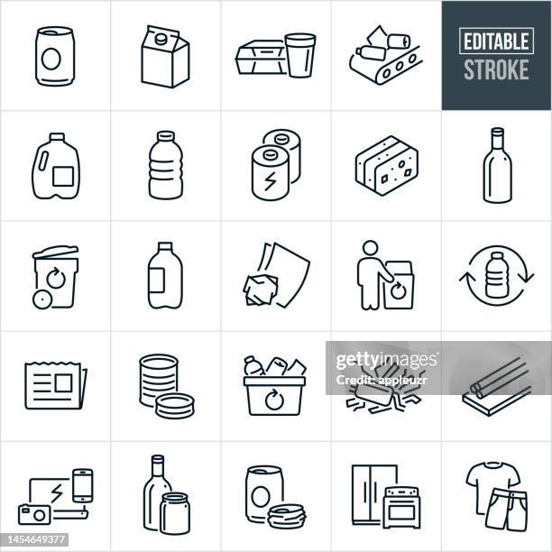 ilustraciones, imágenes clip art, dibujos animados e iconos de stock de iconos de línea fina reciclables - trazo editable - los iconos incluyen reciclaje, lata de aluminio, cartón, contenedores de espuma, plástico, botella de agua de plástico, baterías, vidrio, símbolo de reciclaje, papelera de reciclaje, chatarra, dispo - recycling symbol