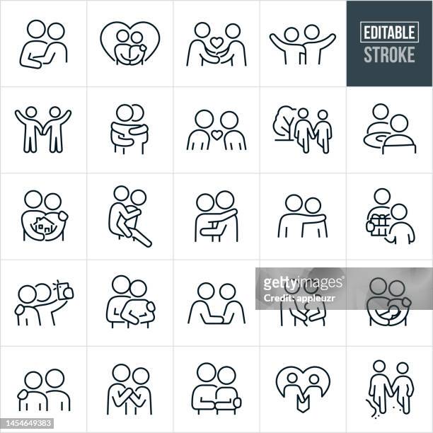 couples in love thin line icons - editable stroke - icons include a married couple, husband, wife, spouse, girlfriend, boyfriend, partners, in love, falling in love, domestic partners, hugging, affection, heterosexual couple, holding hands - family stock illustrations