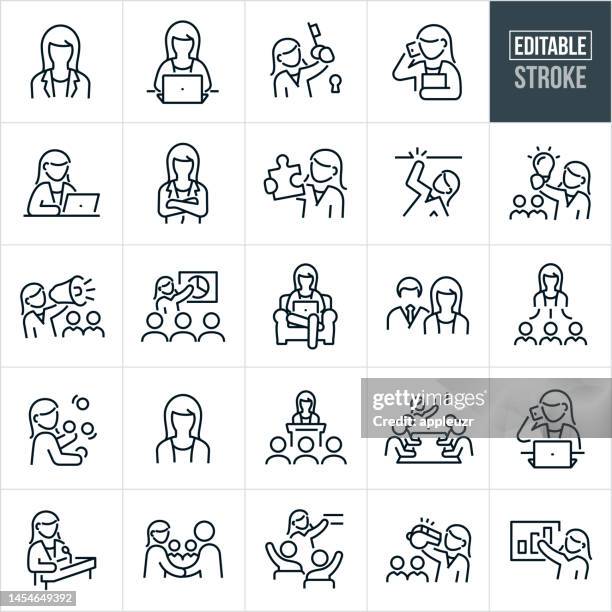 illustrazioni stock, clip art, cartoni animati e icone di tendenza di icone a linee sottili di donne d'affari - tratto modificabile - le icone includono una donna d'affari, una donna d'affari, un'imprenditrice, una leadership, una donna d'affari che lavora al computer - figura femminile