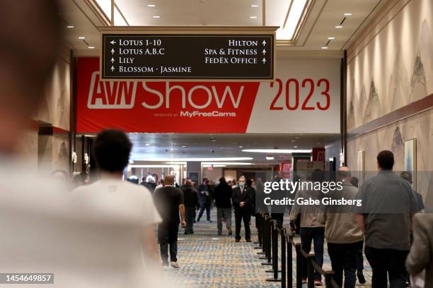 Attendees walk to the 2023 AVN Adult Expo at Resorts World Las Vegas on January 05, 2023 in Las Vegas, Nevada.