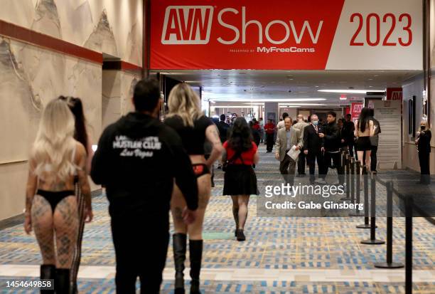 Attendees walk to the 2023 AVN Adult Expo at Resorts World Las Vegas on January 05, 2023 in Las Vegas, Nevada.