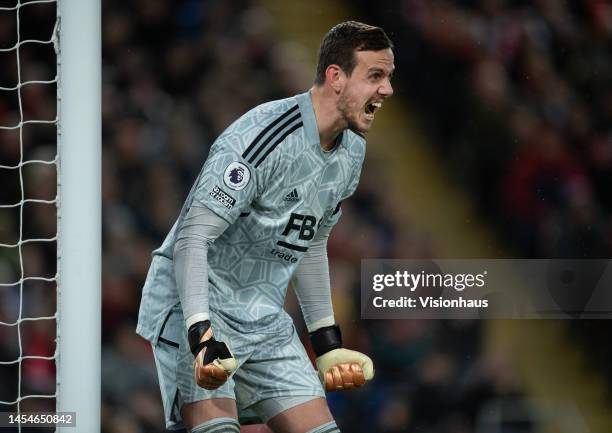 Leicester City goalkeeper Danny Ward during the Premier League match between Liverpool FC and Leicester City at Anfield on December 30, 2022 in...