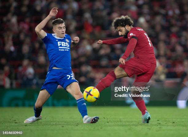 Mohamed Salah of Liverpool and Luke Thomas of Leicester City in action during the Premier League match between Liverpool FC and Leicester City at...