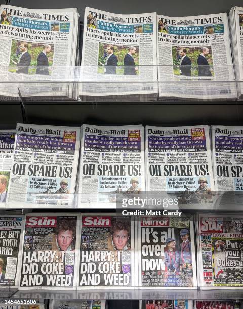 Selection of front pages from various UK daily national newspapers show coverage of the contents of Prince Harry's soon to be released book on...