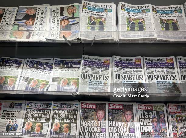Selection of front pages from various UK daily national newspapers show coverage of the contents of Prince Harry's soon to be released book on...