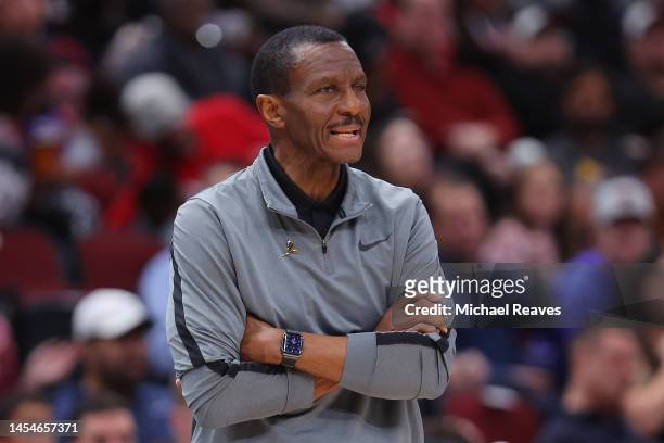 Head coach Dwane Casey of the Detroit Pistons reacts against the Chicago Bulls at United Center on December 30, 2022 in Chicago, Illinois. NOTE TO...