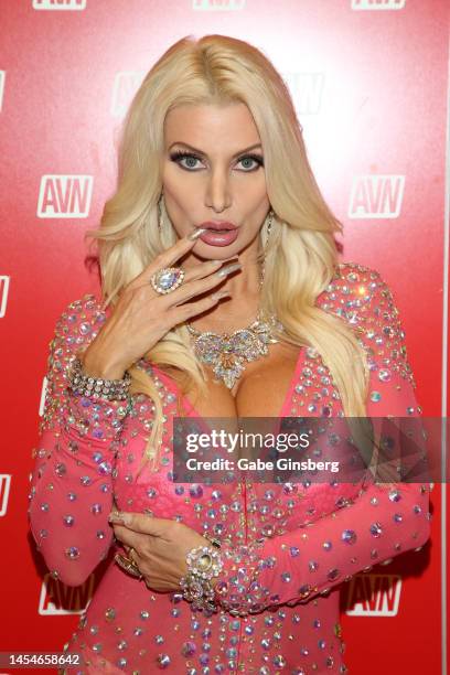 Adult film actress Brittany Andrews poses in the AVN booth during the 2023 AVN Adult Expo at Resorts World Las Vegas on January 05, 2023 in Las...