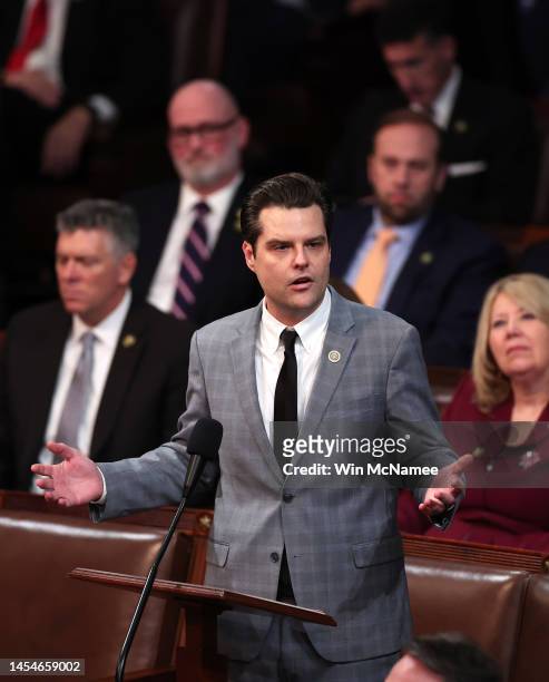 Rep.-elect Matt Gaetz delivers remarks in the House Chamber during the fourth day of elections for Speaker of the House at the U.S. Capitol Building...