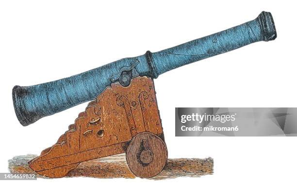 old engraved illustration of leather cannon of the swedish artillery - artillery stock pictures, royalty-free photos & images
