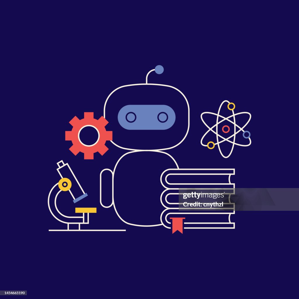 STEM Education Related Design with Line Icons. Technology, Science, Learning, Math, Robotics.