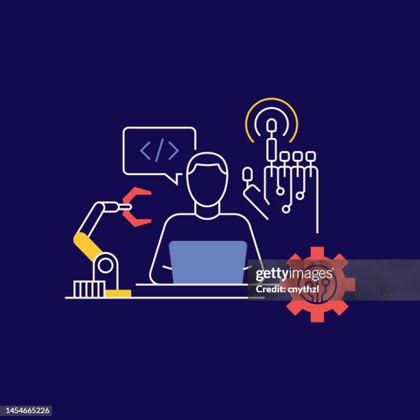 robotic process automation related design with line icons. technology, big data, artificial intelligence, iot. - robotic process automation stock illustrations