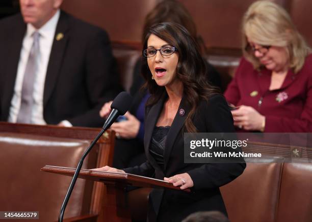 Rep.-elect Lauren Boebert delivers remarks in the House Chamber during the fourth day of elections for Speaker of the House at the U.S. Capitol...