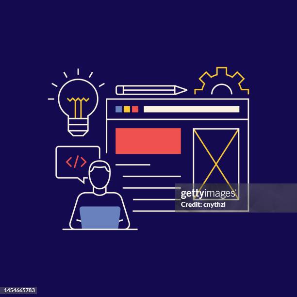 web design related vector conceptual illustration. designer, web page, seo, wireframe, coding. - web design stock illustrations