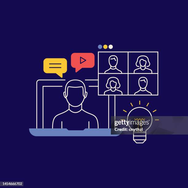 ilustraciones, imágenes clip art, dibujos animados e iconos de stock de ilustración vectorial conceptual relacionada con el seminario web. educación, taller, internet, conexión, videoconferencia. - videoconferencia