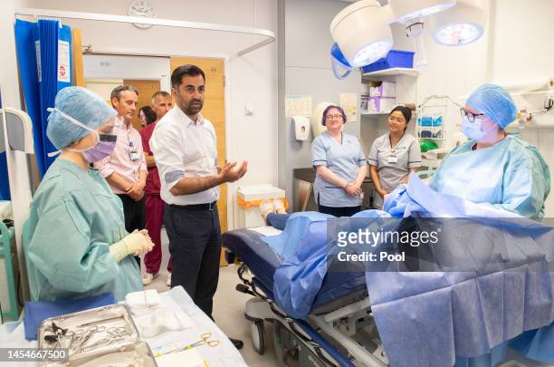 First Minister Humza Yousaf meets patient Catherine Esplin during a visit to NHS Forth Valley Royal Hospital to mark the 75th anniversary of the NHS...