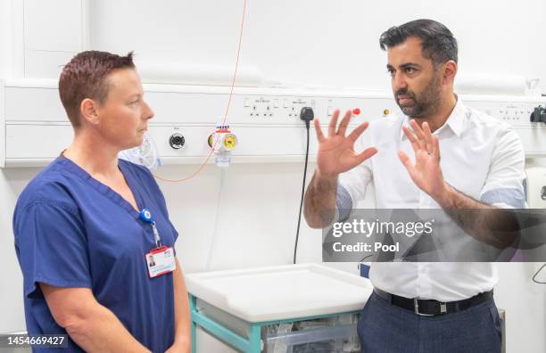 First Minister Humza Yousaf meets Surgical Skin Nurse Practitioner Kristen Easson during a visit to NHS Forth Valley Royal Hospital to mark the 75th...