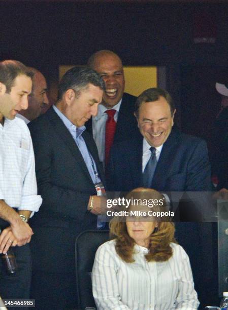 Newark Mayor Cory Booker and NHL Commissioner Gary Bettman attends the Los Angeles Kings vs the New Jersey Devils game one during the 2012 Stanley...