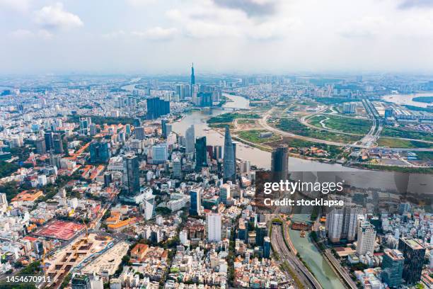 ho chi minh aerial view, saigon river, vietnam - saigon river stock pictures, royalty-free photos & images