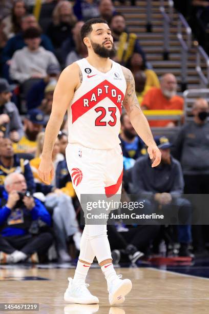 Fred VanVleet of the Toronto Raptors looks on in the game against the Indiana Pacers at Gainbridge Fieldhouse on January 02, 2023 in Indianapolis,...