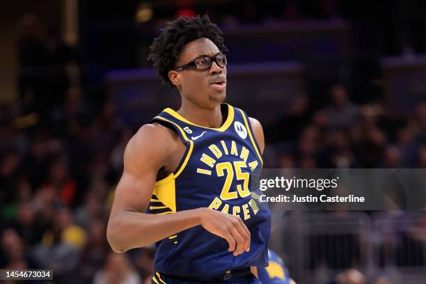 Jalen Smith of the Indiana Pacers looks on in the game against the Toronto Raptors at Gainbridge Fieldhouse on January 02, 2023 in Indianapolis,...