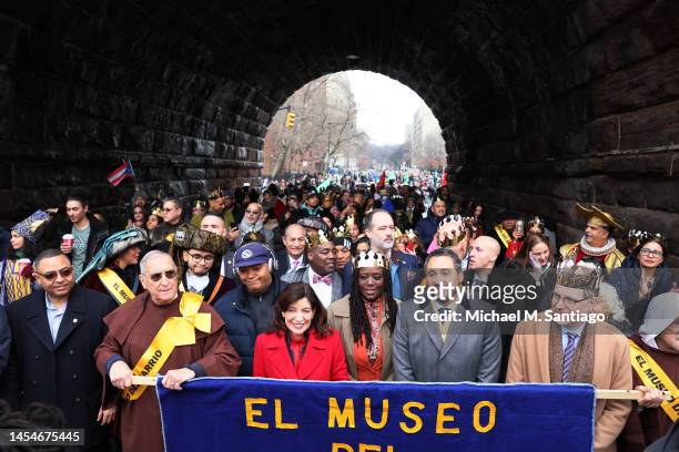 New York Gov. Kathy Hochul joins parade honorees as they lead the 46th annual Three Kings Day Parade on January 06, 2023 in New York City. El Museo...