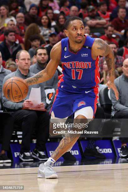 Rodney McGruder of the Detroit Pistons dribbles against the Chicago Bulls during the second half at United Center on December 30, 2022 in Chicago,...