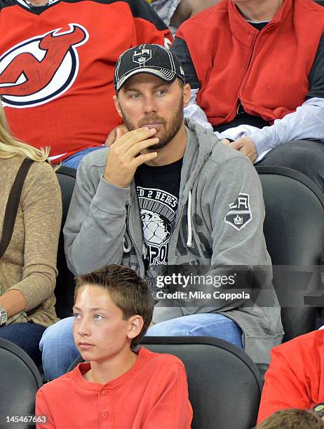 Professional race car driver Kevin Harvick attends the Los Angeles Kings vs the New Jersey Devils game one during the 2012 Stanley Cup final at the...