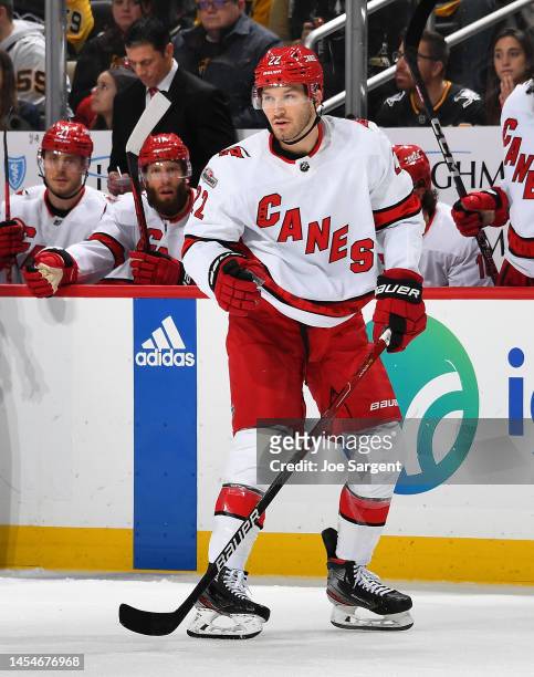 Brett Pesce of the Carolina Hurricanes skates against the Pittsburgh Penguins at PPG PAINTS Arena on December 22, 2022 in Pittsburgh, Pennsylvania.
